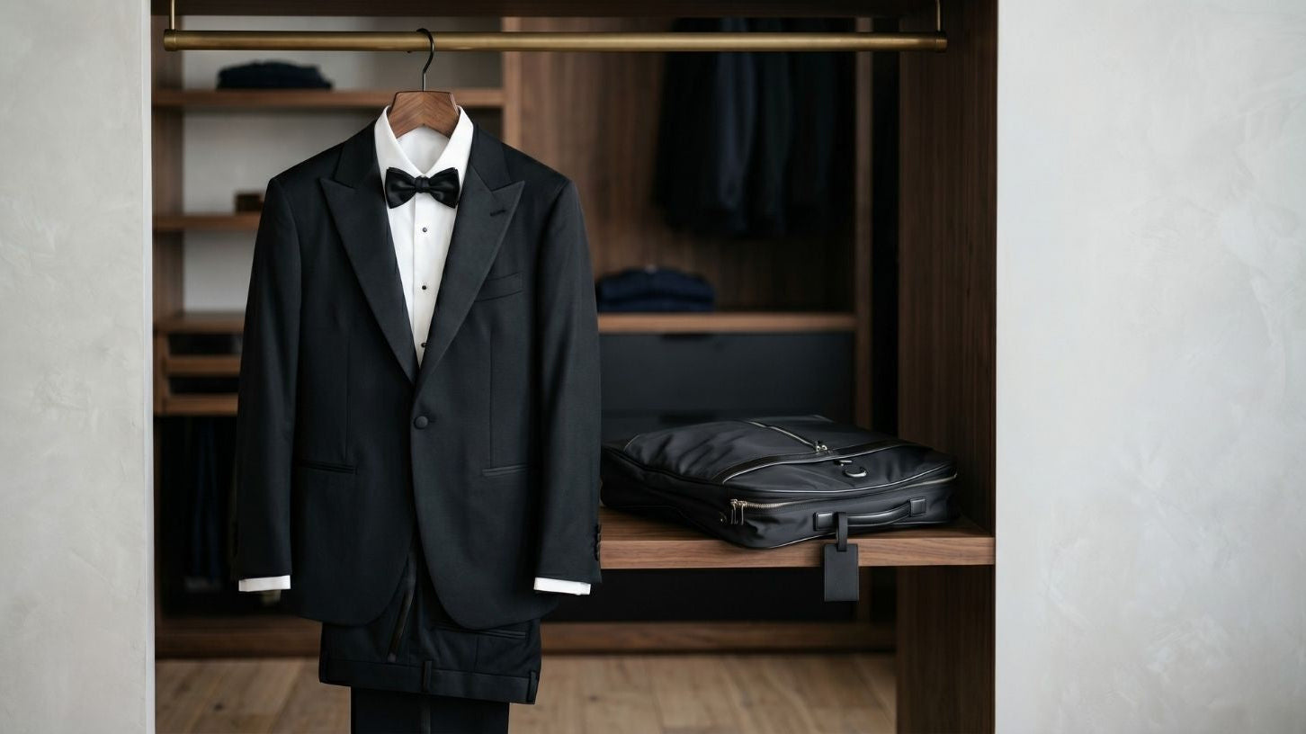 Black tuxedo jacket with satin lapels and white shirt paired with black bow tie affordable tuxedo for three events