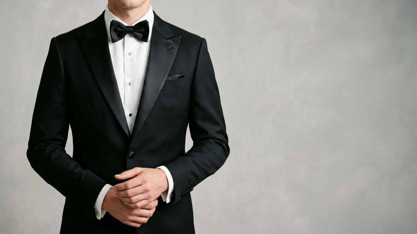 Black tuxedo with clean satin satin lapel and matte body paired with matching bow tie affordable at 199.90
