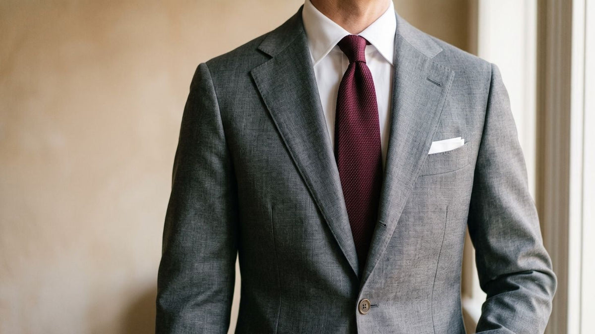 A tailored gray suit jacket with subtle textured weave paired with white shirt and burgundy tie for wedding guest style