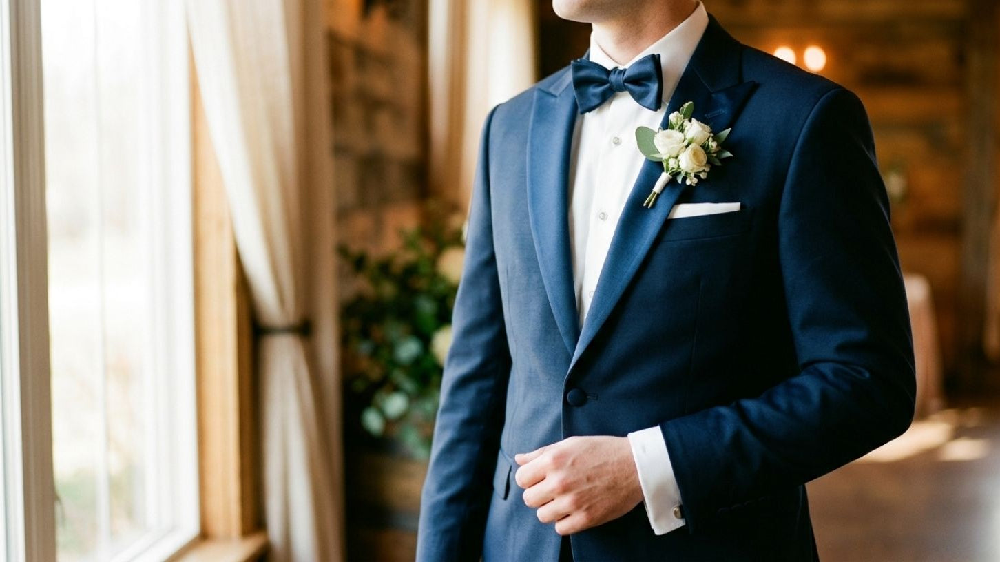 Navy blue tuxedo jacket with satin lapels and matching bow tie for a wedding dress code in midnight blue style