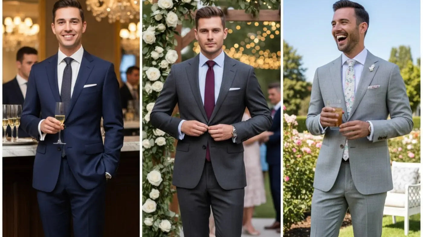 Classic navy blue wool suit with a crisp white shirt and black tie, featuring subtle pinstripes.