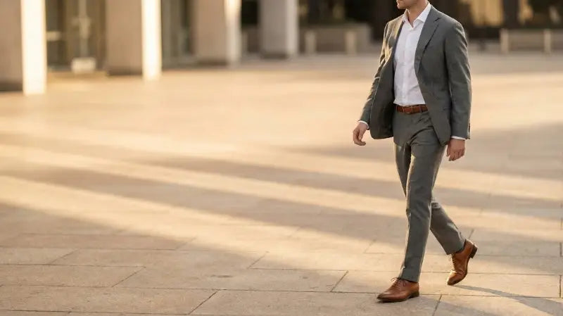 A man in a tailored gray suit with a white dress shirt and brown leather belt walks across a sunlit plaza.