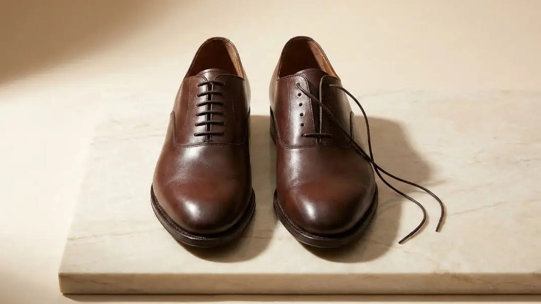 A pair of polished brown leather oxford shoes with black laces and a classic, sleek design.
