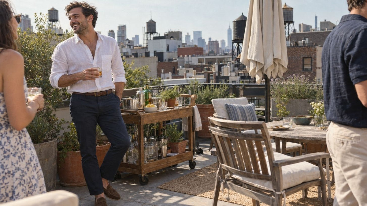 Man wearing a white casual shirt and dark blue trousers styled for smart-casual summer events