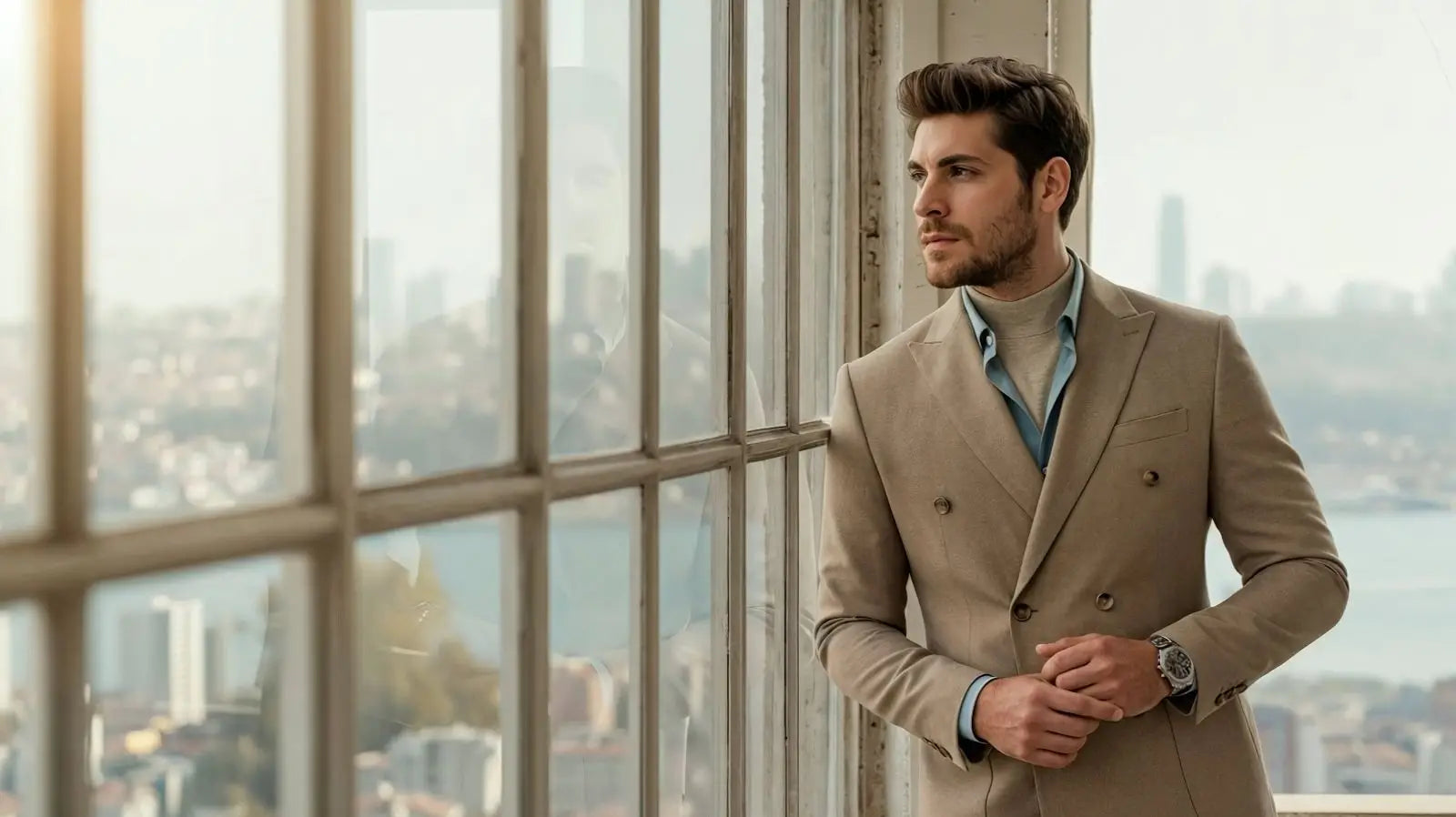 A man wearing a beige double-breasted suit jacket over a light blue collared shirt.