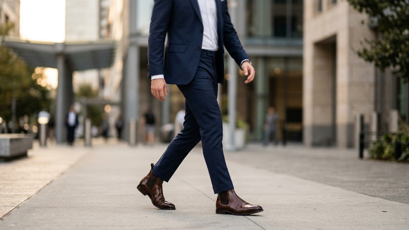 Dark navy suit paired with polished brown leather chelsea boots showcasing stylish menswear with chelsea boots