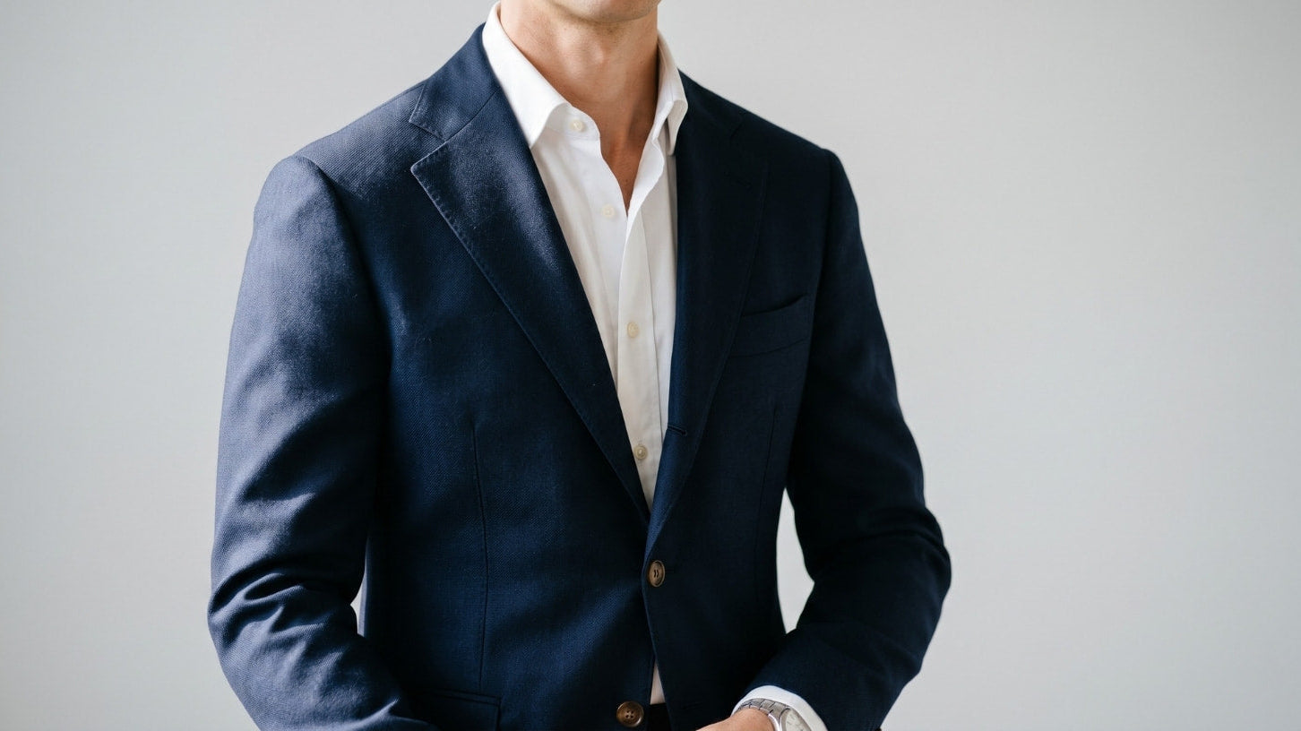 Navy blazer slim fit wool blazer with textured fabric and gold toned buttons for stylish men’s occasions.