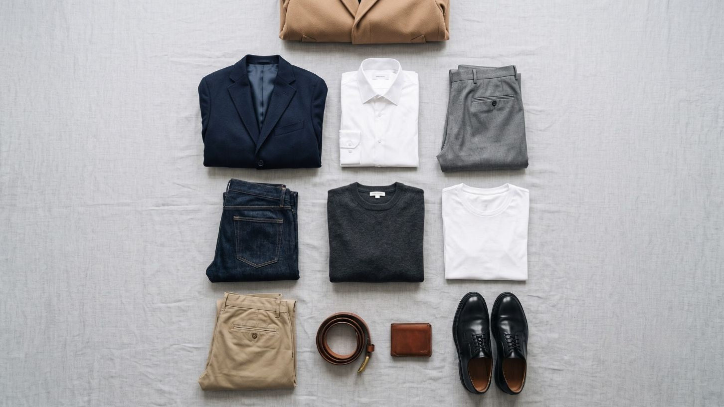 Neatly folded navy blazer paired with a crisp white dress shirt and gray trousers for a versatile capsule wardrobe look