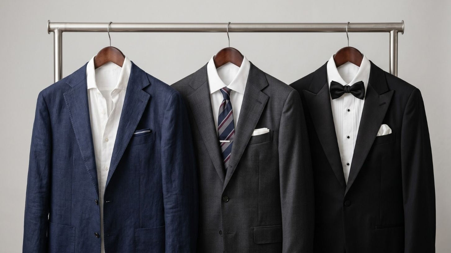 Three tailored men’s suits in navy, charcoal gray, and black tuxedo perfect for dress code, smart casual, and black tie events