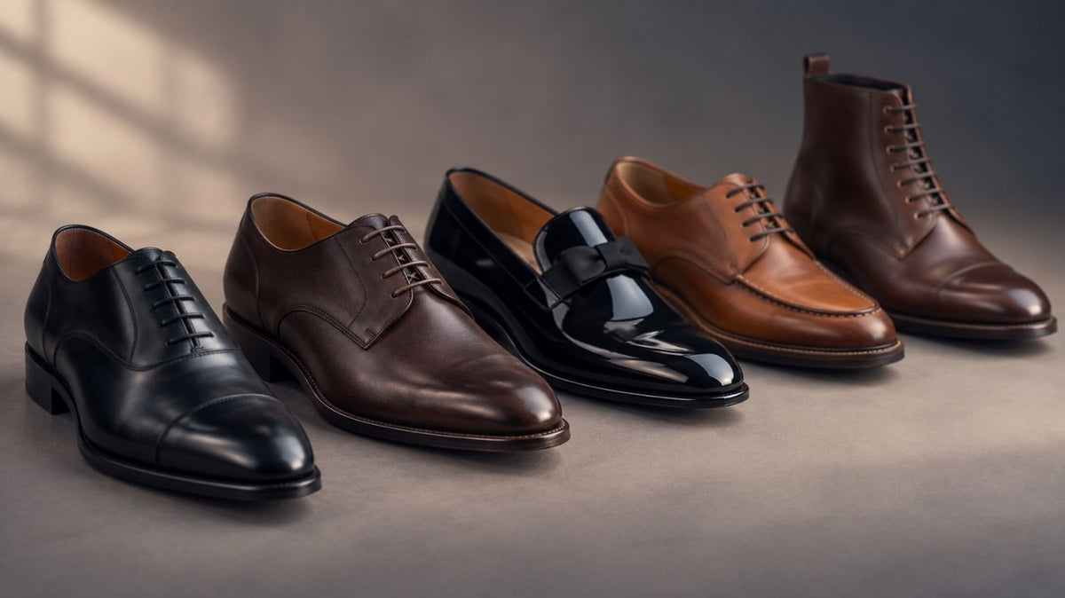 A collection of polished black brown and patent leather dress shoes featured in top 5 best men’s leather dress shoes under 150