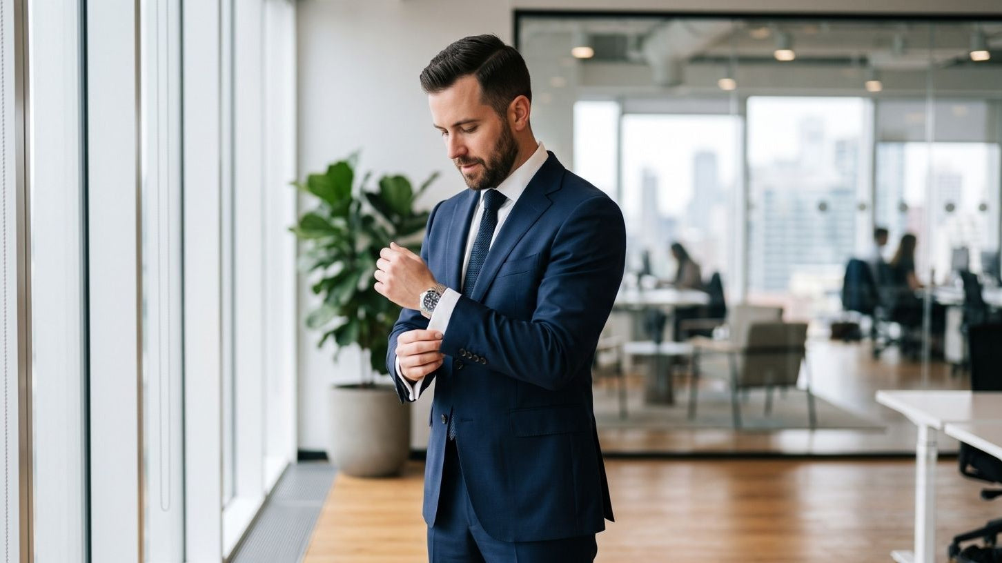 A man adjusting cufflinks wearing a navy blue slim fit dress shirt with a white spread collar for business 2026