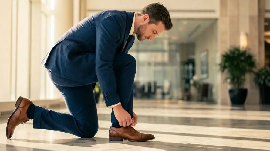 A man in a navy blue suit is kneeling on a polished floor, tying the laces of his brown leather dress shoes.