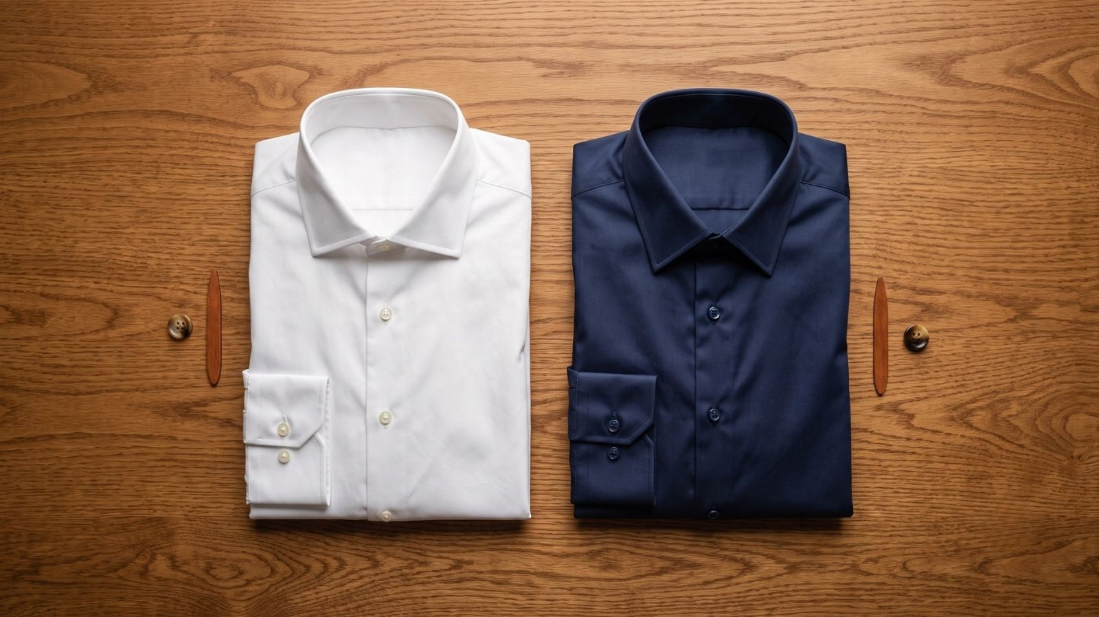 Two pure cotton dress shirts in white and cotton blend navy blue with button-down collars and cuffs neatly folded