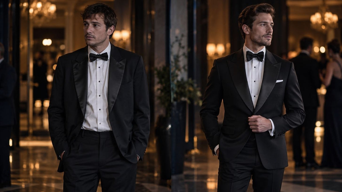 Black tuxedo with satin lapels and white dress shirt for formal events comparing rental tuxedos and owned tuxedo options