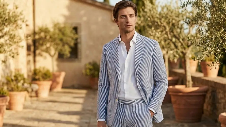 A man wearing a light blue and white vertically striped suit jacket with matching trousers, paired with a crisp white dress shirt.