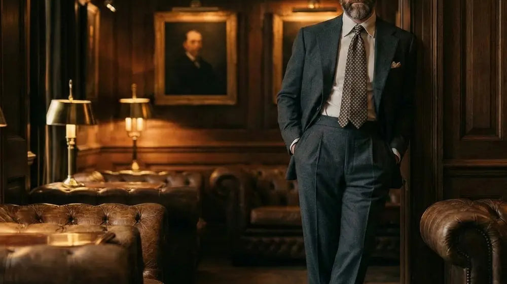 A man in a dark navy wool suit with a patterned tie and white shirt stands confidently against rich wood paneling.