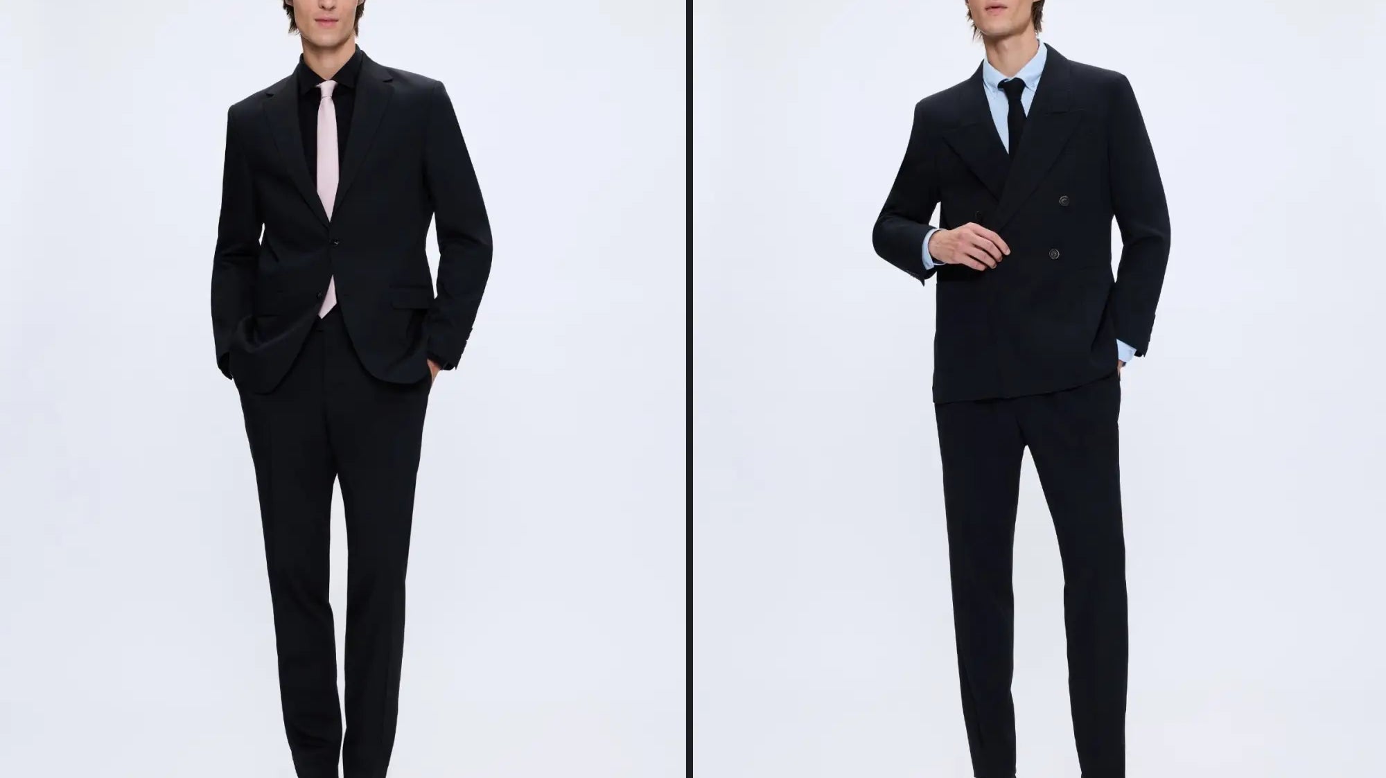 Black double-breasted suit with a sleek, tailored fit.