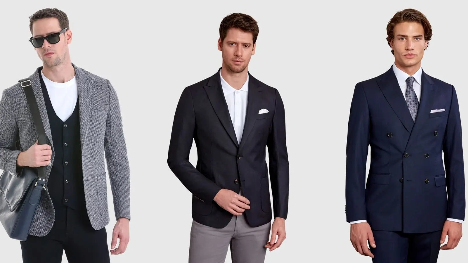 Gray blazer with black shirt and white undershirt, dark sunglasses, silver bag