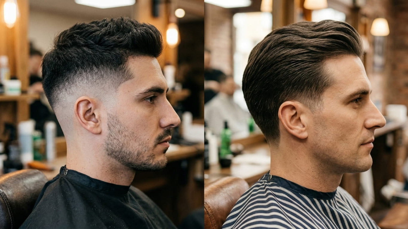 Two men showcasing fade haircuts with a low fade textured dark brown and sleek side-parted medium brown taper styles