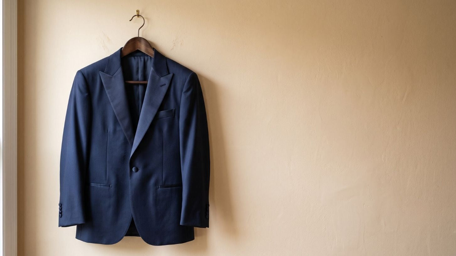 A navy blue slim fit tailored blazer hanging on a wooden hanger at fashion outlets near chicago.