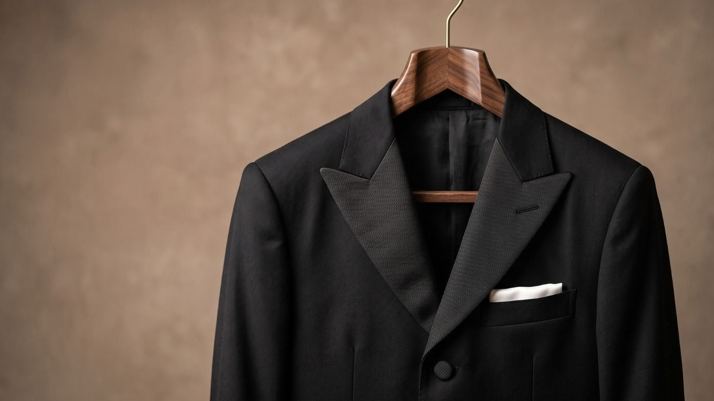 Black tuxedo jacket with satin lapels and white pocket square perfect for garden state plaza formal events in new jersey