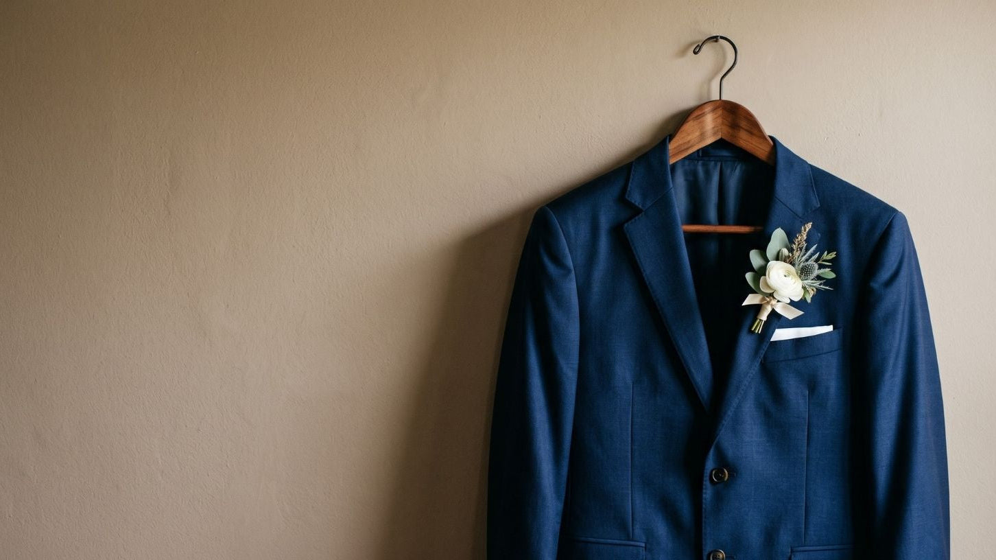 A navy blue wedding suit jacket with a white boutonniere and pocket square on a wooden hanger for black tie dress code