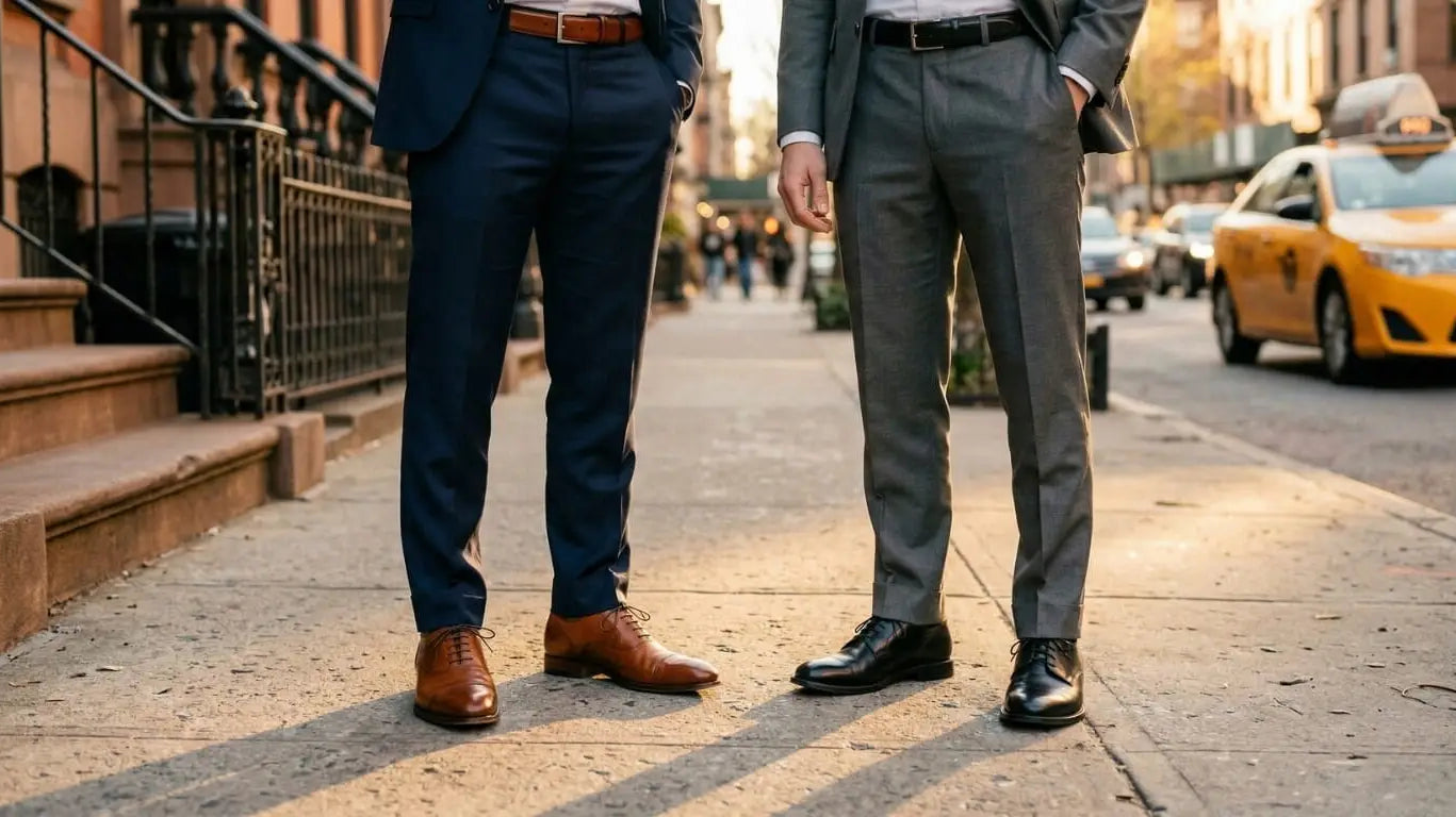 Two men in tailored suits stand on a city sidewalk, one wearing navy blue trousers with brown leather shoes and the other in gray trousers paired with black dress shoes.