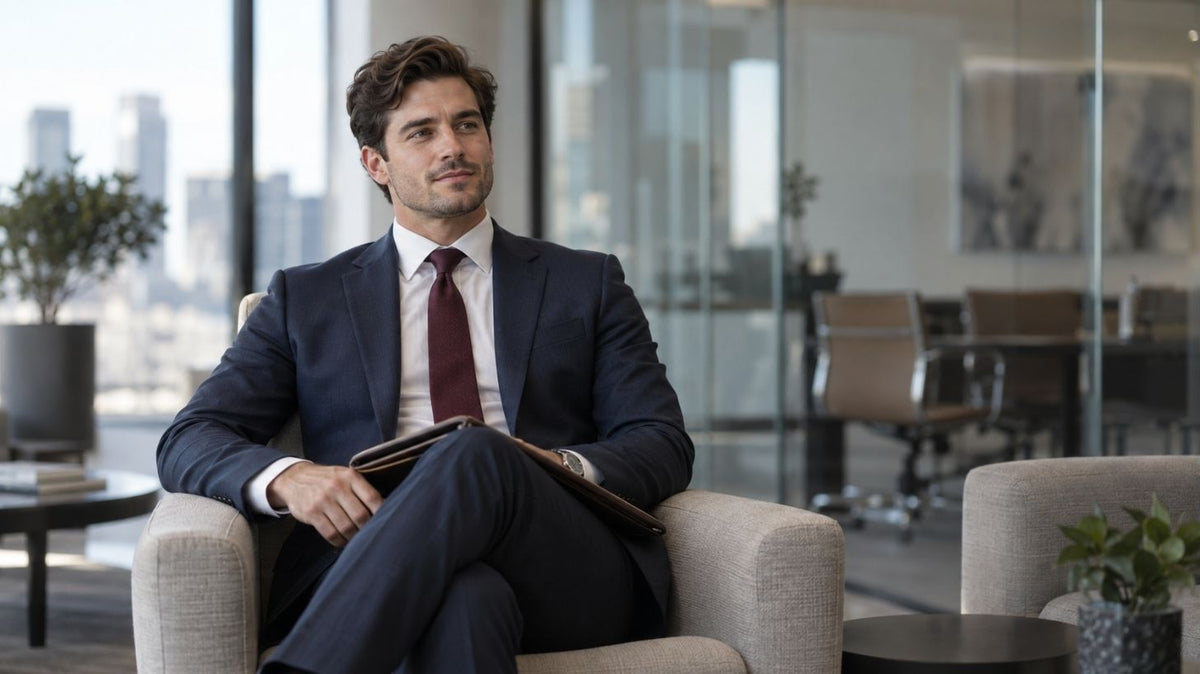 Man in navy blue business casual suit with maroon tie and leather shoes seated for a job interview guide
