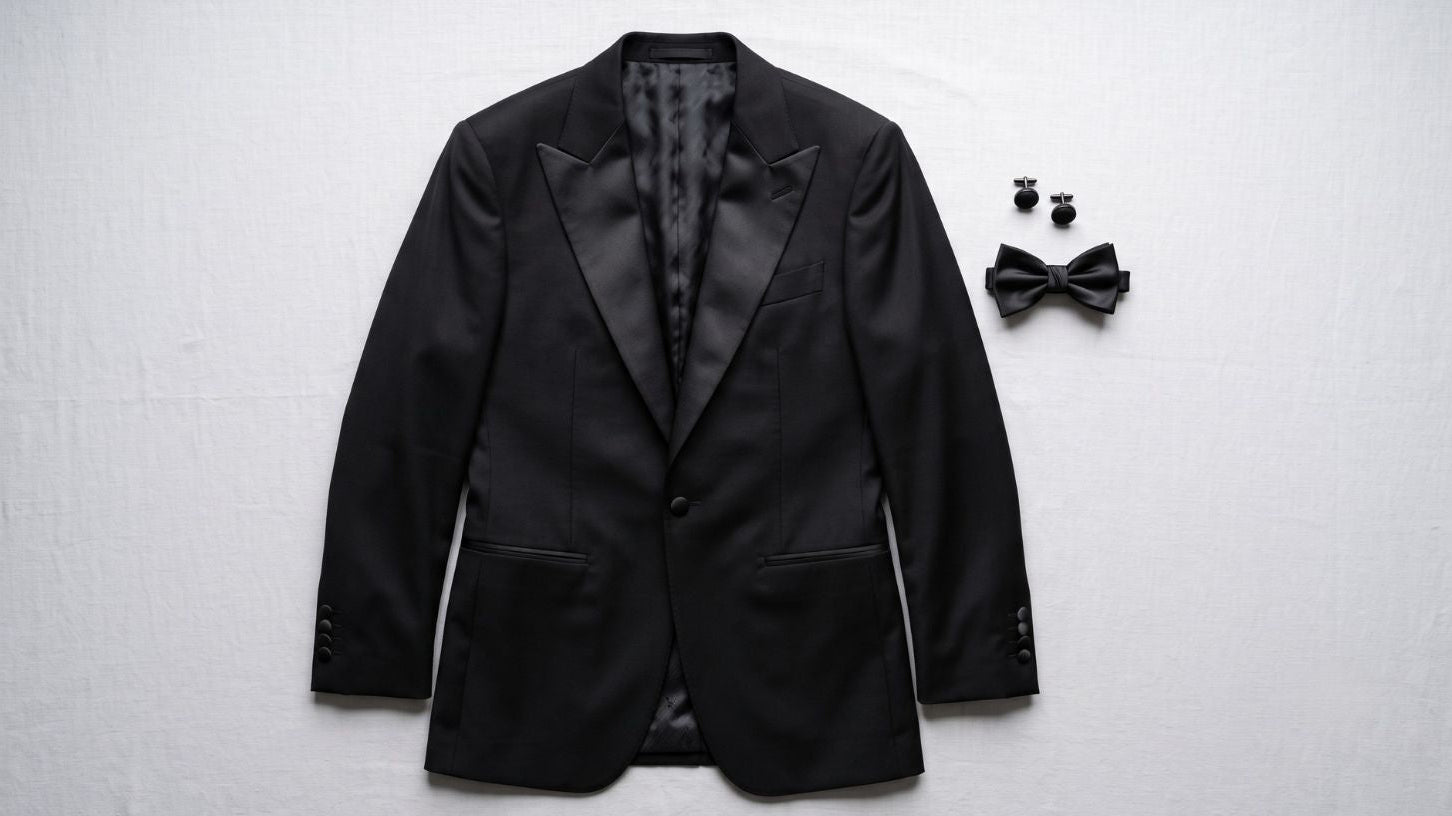 Black tuxedo jacket with satin lapels and matching black bow tie for affordable tuxedos online shopping.