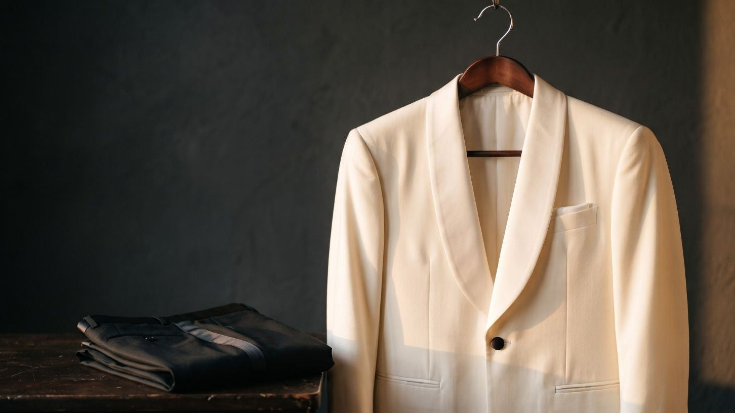 A cream-colored tailored white dinner jacket with notched lapel and single button closure for formal dinner events