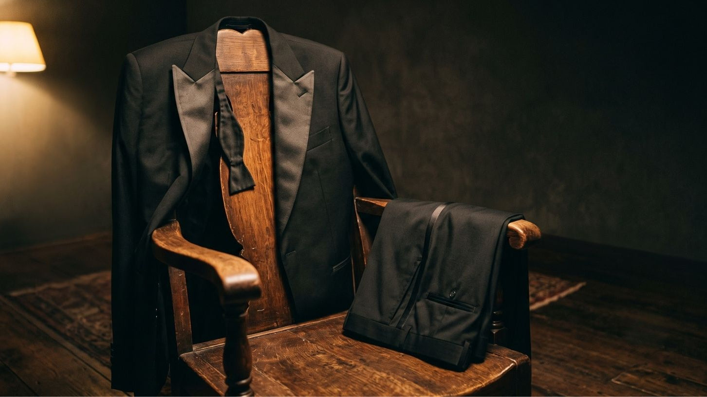 Black tuxedo dinner jacket with satin lapels and matching bow tie on wooden chair highlighting rental prices benefits