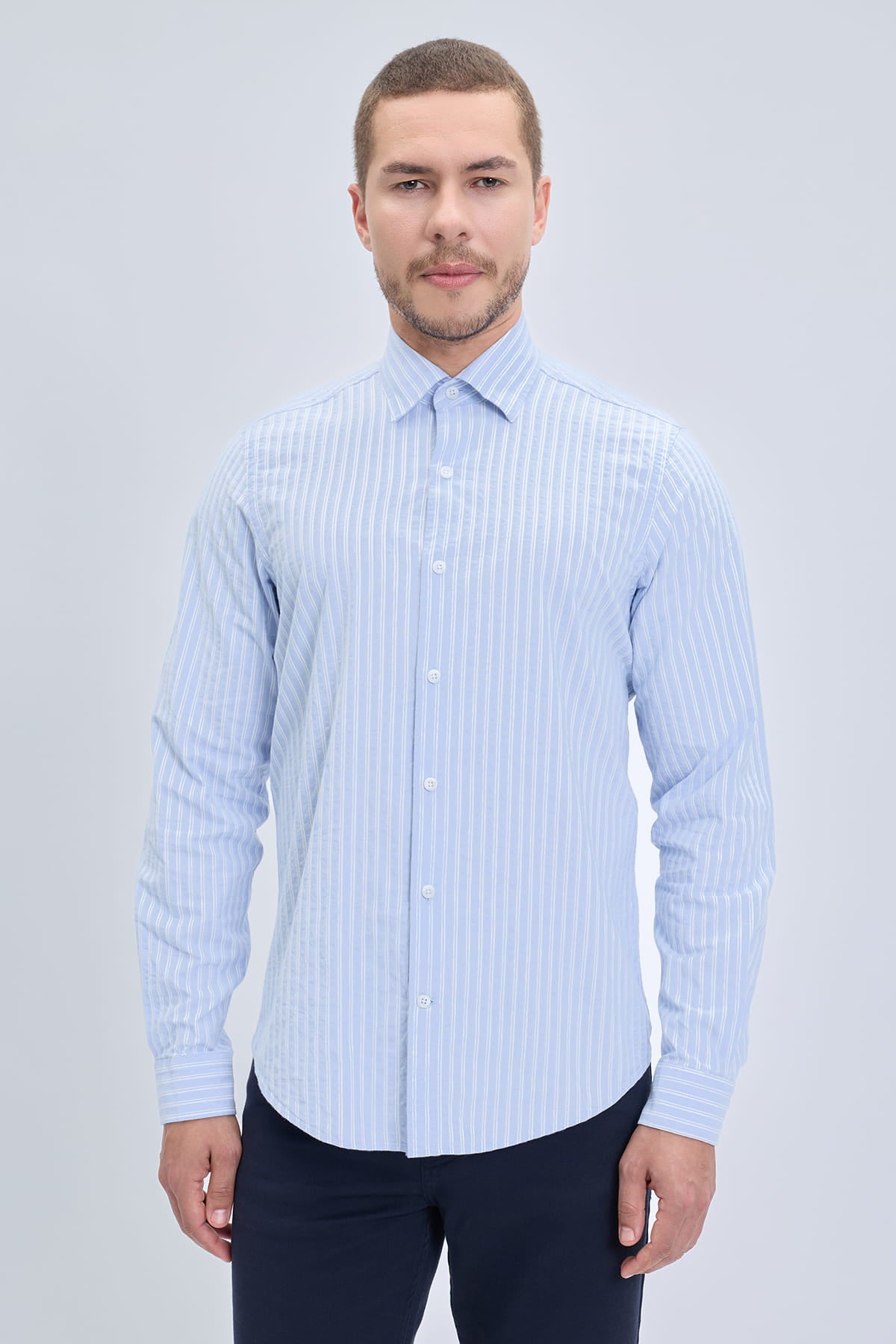 Comfort fit blue striped cotton casual shirt with classic collar smart casual light blue and white stripes