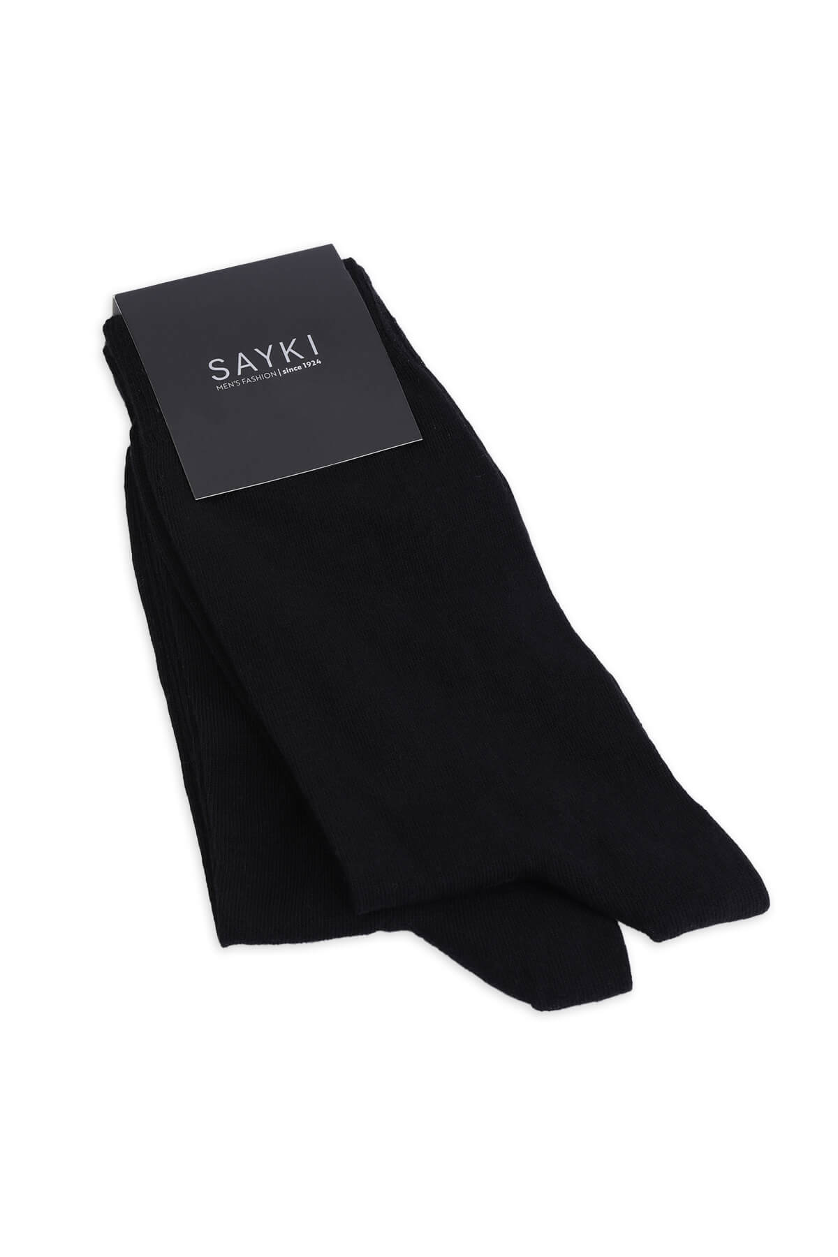 Black sayki brand 2-pack black cotton crew dress socks neatly folded with sleek black tag for comfortable wear