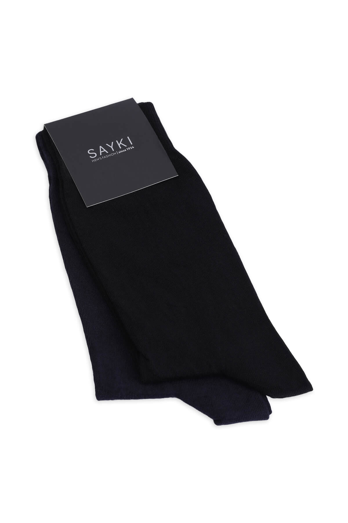 Black sayki men’s cotton dress socks neatly folded with branded tag in a 2-pack black and navy crew socks set