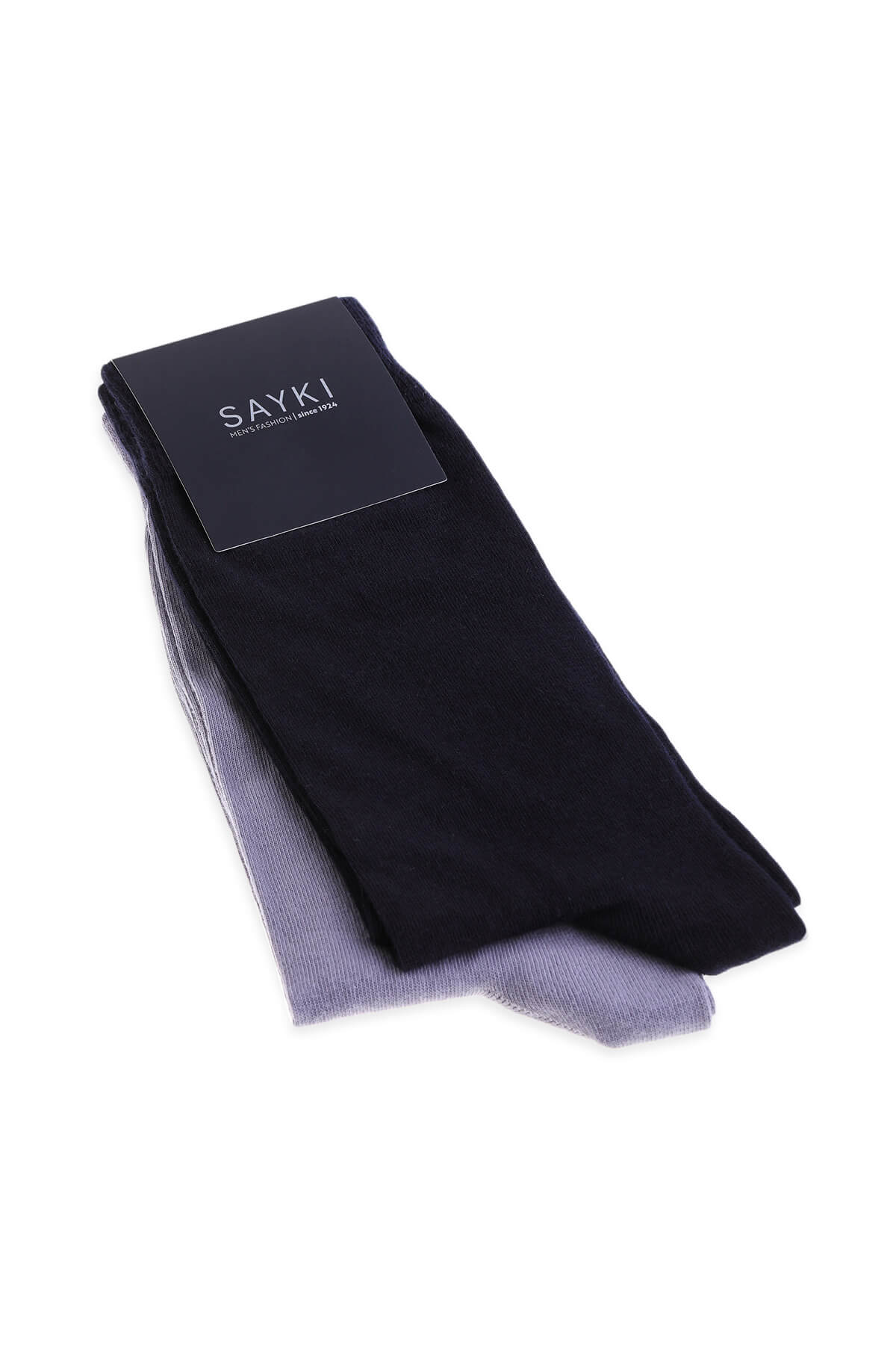 Black and lavender ankle-length crew socks neatly folded with sayki brand tag made of cotton for everyday wear