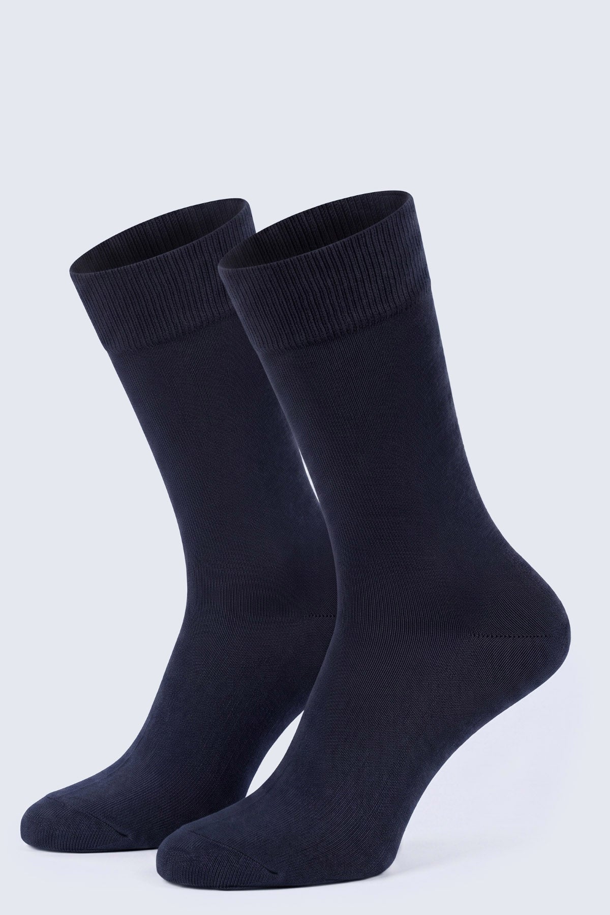 A pair of classic black bamboo socks with ribbed cuffs and smooth fabric from the 2-pack navy socket bamboo socks collection