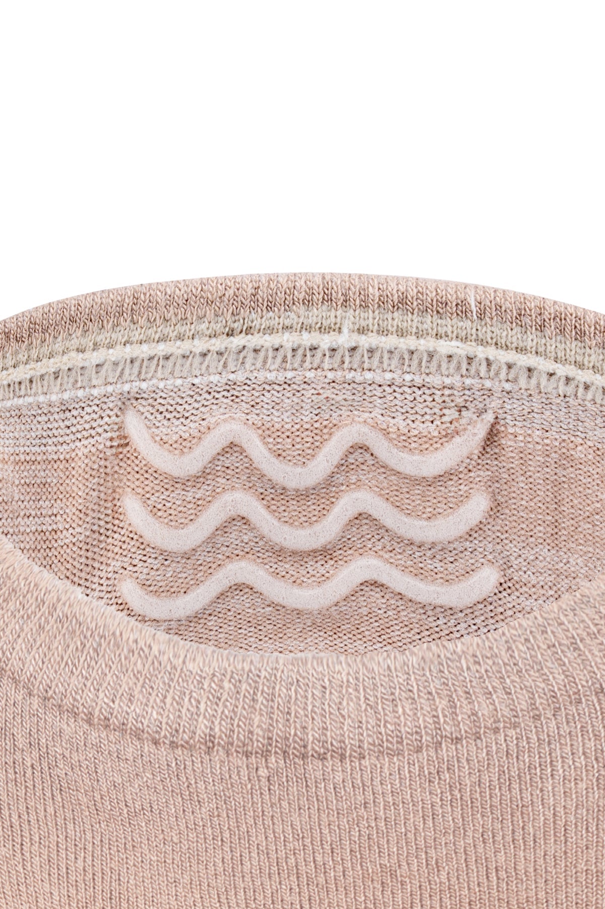 Beige knit sweater with white wavy pattern embroidered on chest paired with 5-pack no show bamboo socks