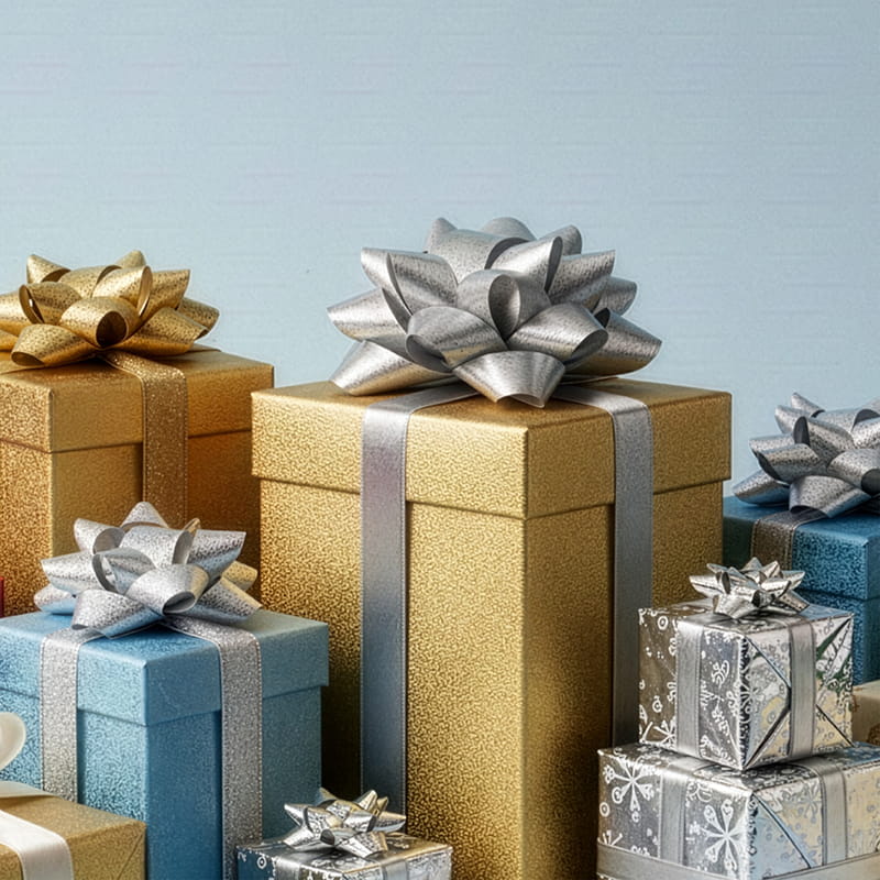 Luxury gift boxes wrapped in gold and silver, holiday gift presentation visual