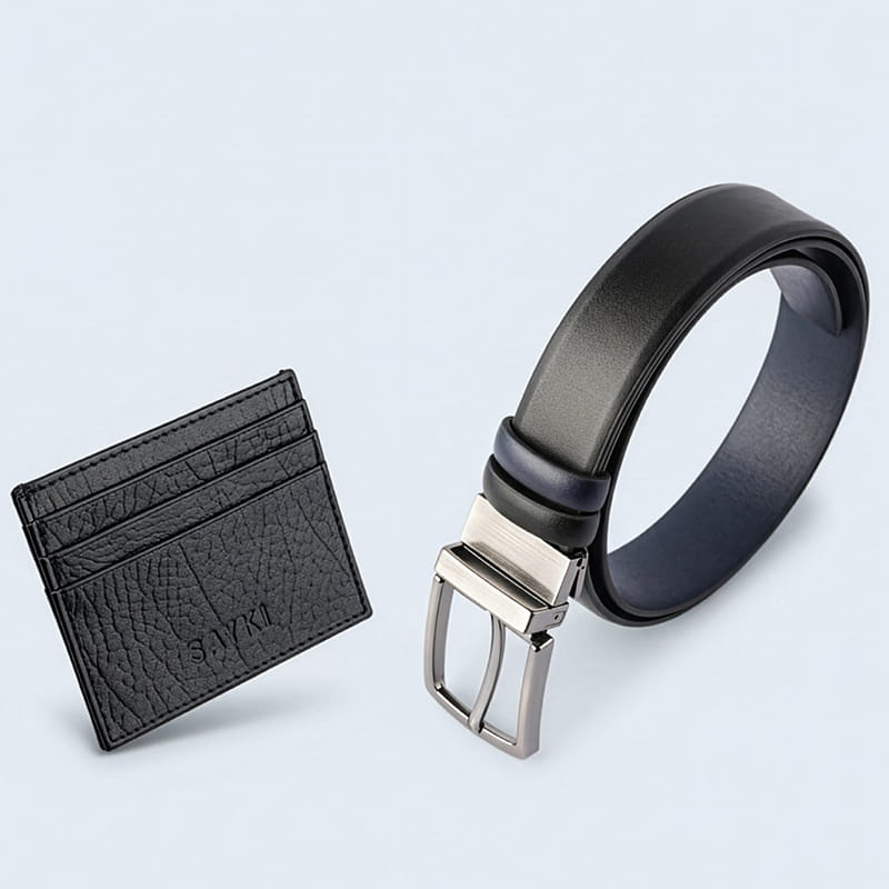Black leather belt and card holder set, practical accessories gift selection