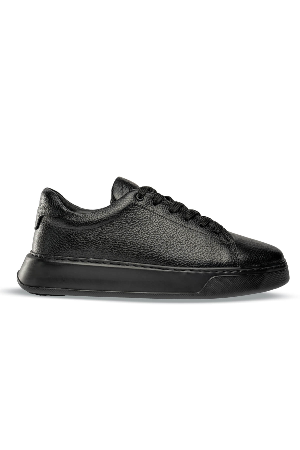 Black pebbled leather low-top sneaker with a chunky rubber sole.