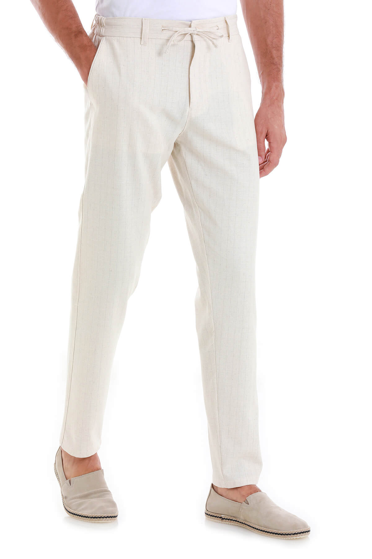 Beige Dynamic Fit Pin Stripe Linen-Blend Jogger Pants