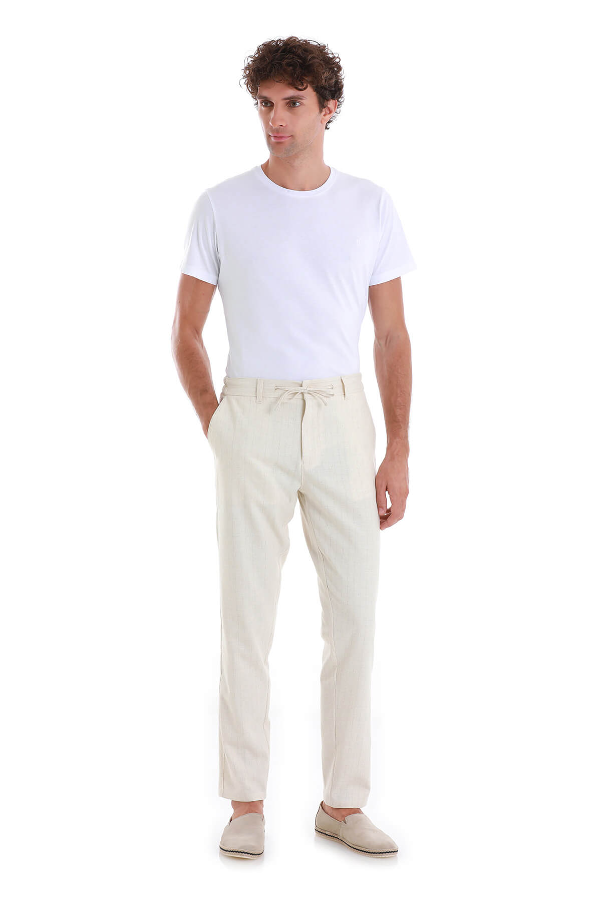 Beige Dynamic Fit Pin Stripe Linen-Blend Jogger Pants