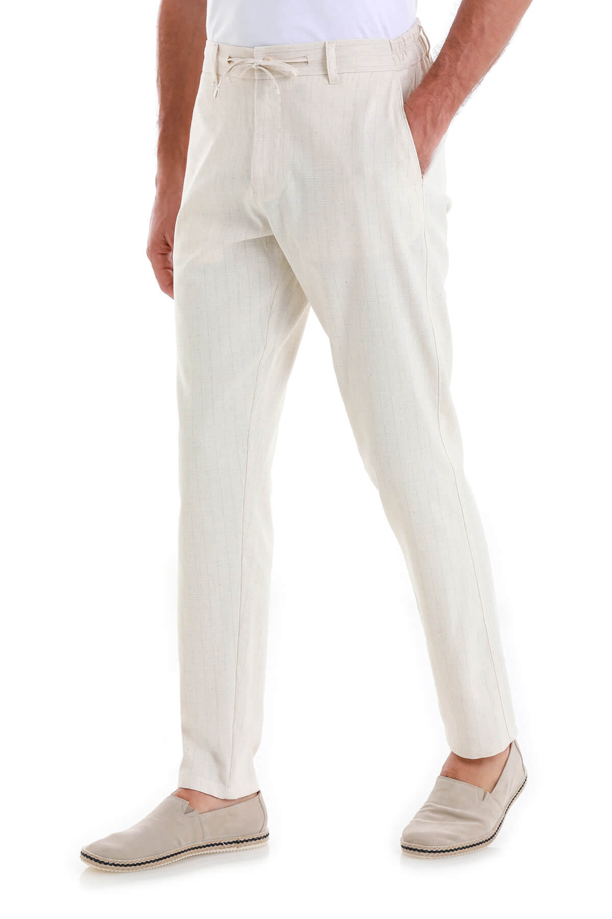 Beige Dynamic Fit Pin Stripe Linen-Blend Jogger Pants