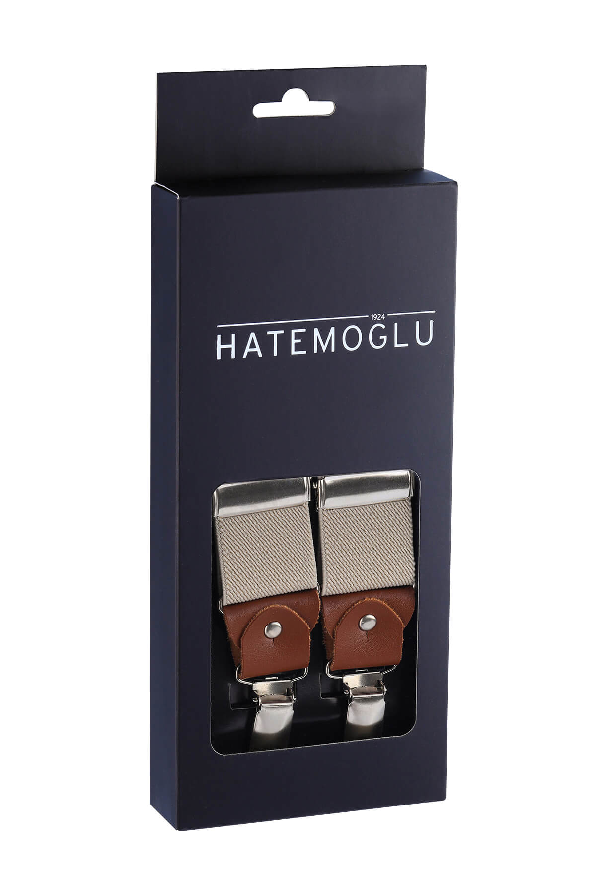 Beige leather trim clip suspenders with brown leather trim and silver-toned metal in a sleek modern design