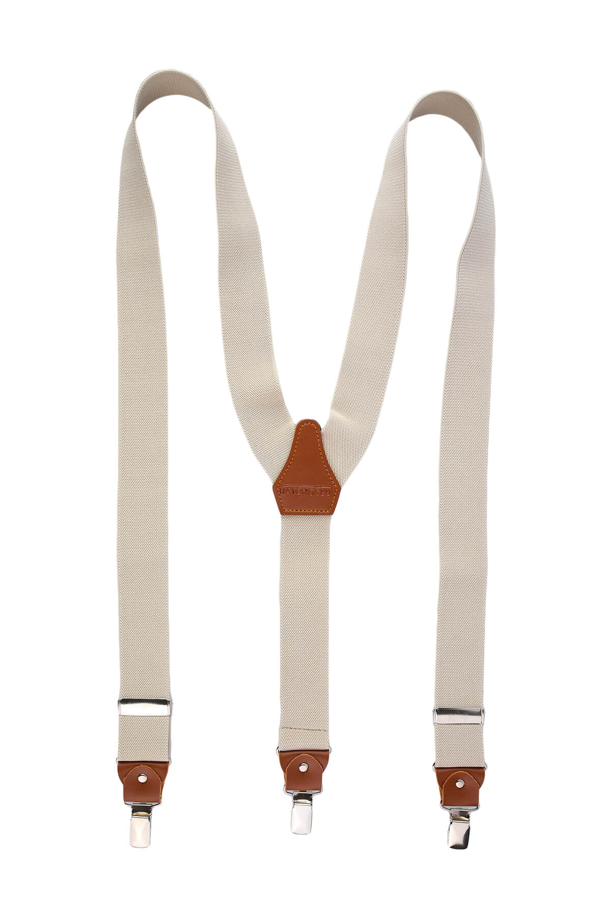 Beige fabric suspenders with brown leather trim and silver leather trim clip clasps for stylish support