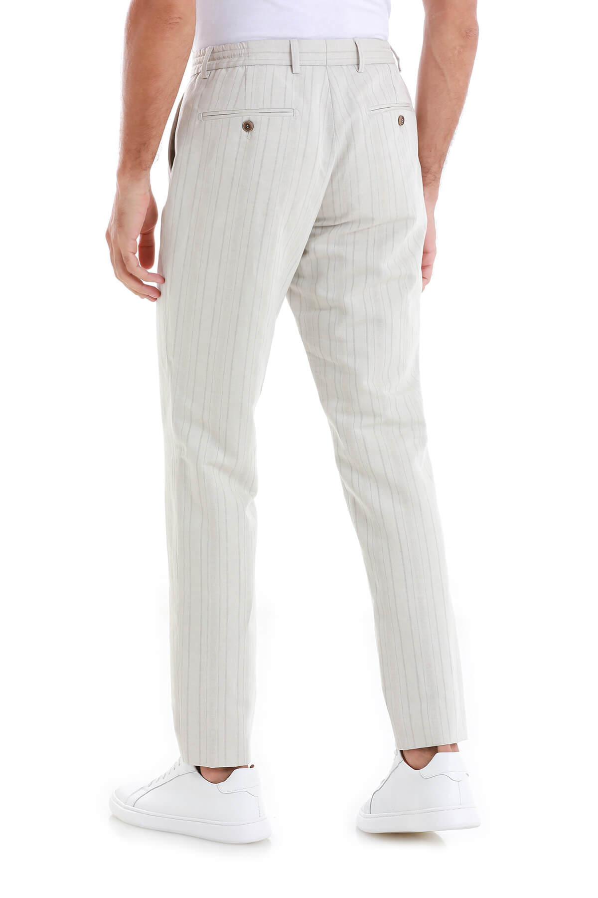 Beige Regular Fit Striped Linen-Blend Jogger Pants - SAYKI