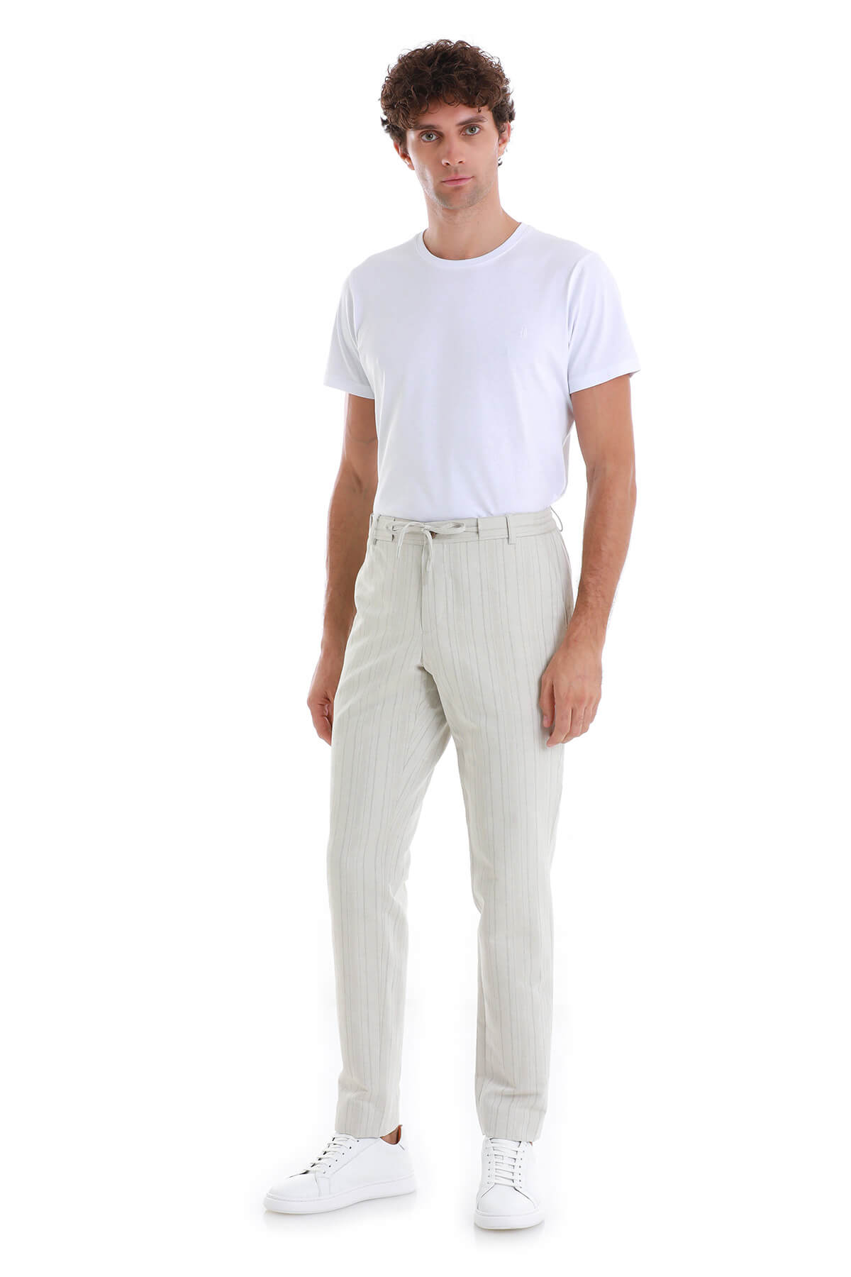 Beige Regular Fit Striped Linen-Blend Jogger Pants - SAYKI