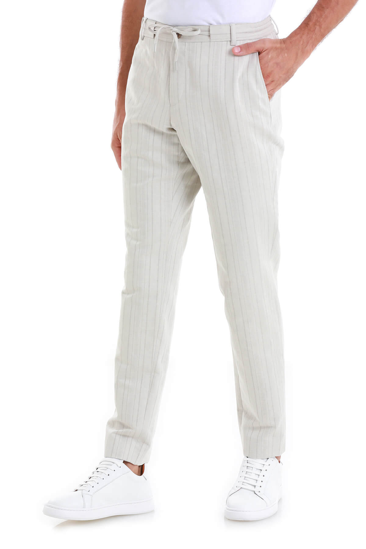 Beige Regular Fit Striped Linen-Blend Jogger Pants - SAYKI