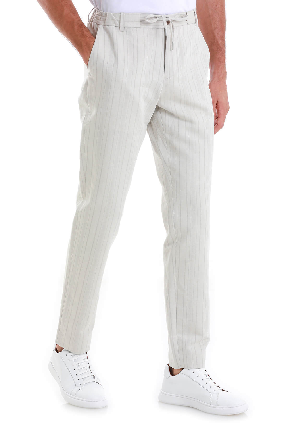 Beige Regular Fit Striped Linen-Blend Jogger Pants - SAYKI