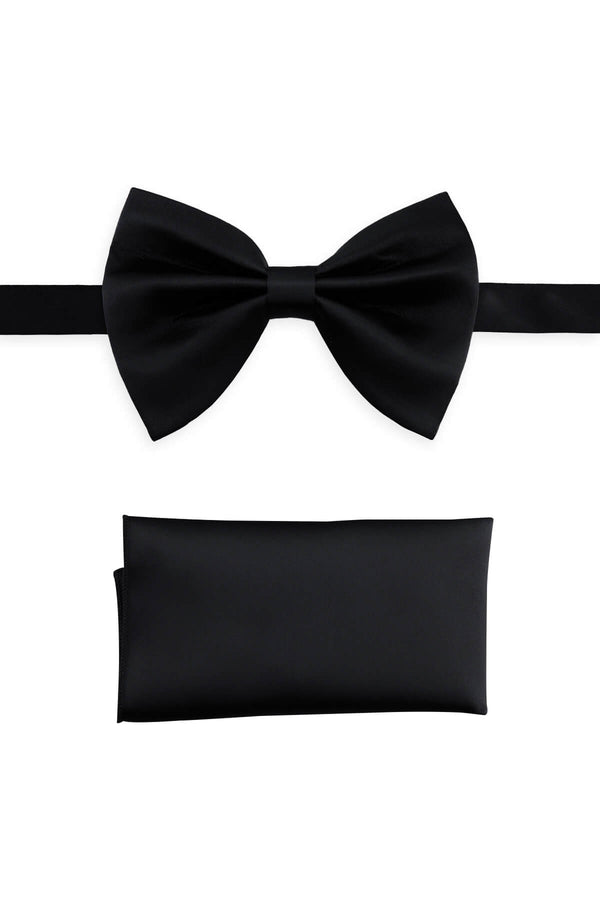 Black satin bow tie with matching pocket square set featuring a sleek black bow and pocket square for formal wear